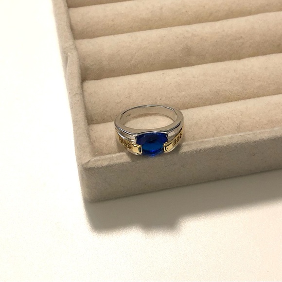 Blue Oval Cut Silver & Gold Color Ring - Picture 5 of 6